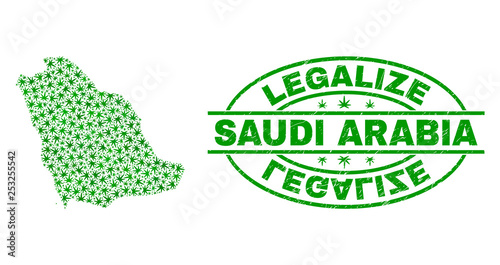 Vector cannabis Saudi Arabia map collage and grunge textured Legalize stamp seal. Concept with green weed leaves. Concept for cannabis legalize campaign.
