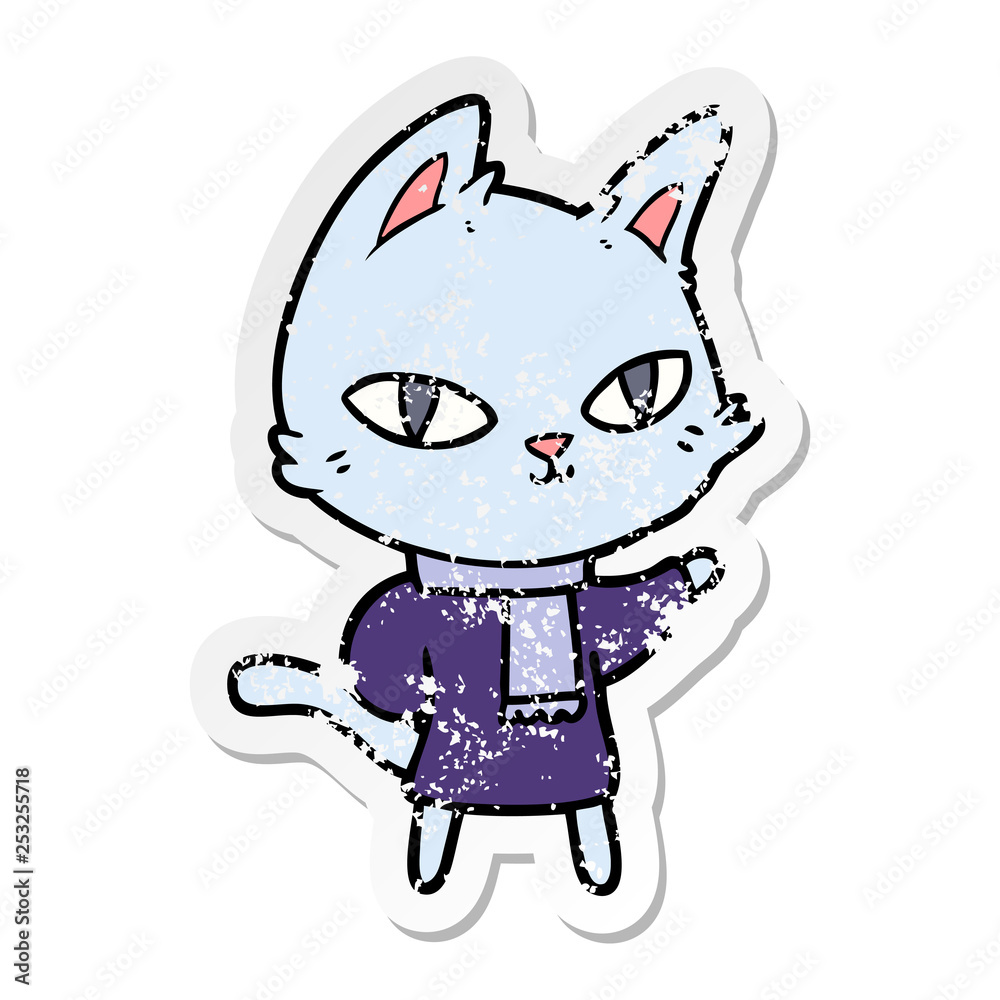 distressed sticker of a cartoon cat staring distressed sticker of a cartoon cat staring