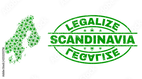 Vector cannabis Scandinavia map mosaic and grunge textured Legalize stamp seal. Concept with green weed leaves. Concept for cannabis legalize campaign.