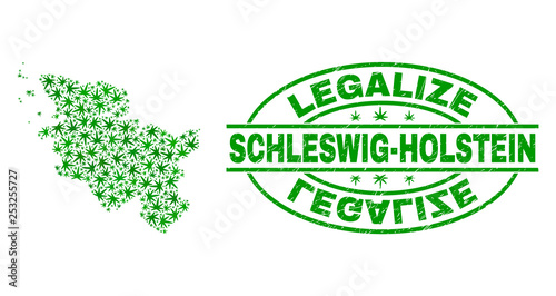 Vector cannabis Schleswig-Holstein Land map collage and grunge textured Legalize stamp seal. Concept with green weed leaves. Concept for cannabis legalize campaign.