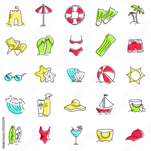 Design elements of Vacation at sea. Outline icon with elements for mobile concepts and web apps. Line and flat style icon. Vector sign.