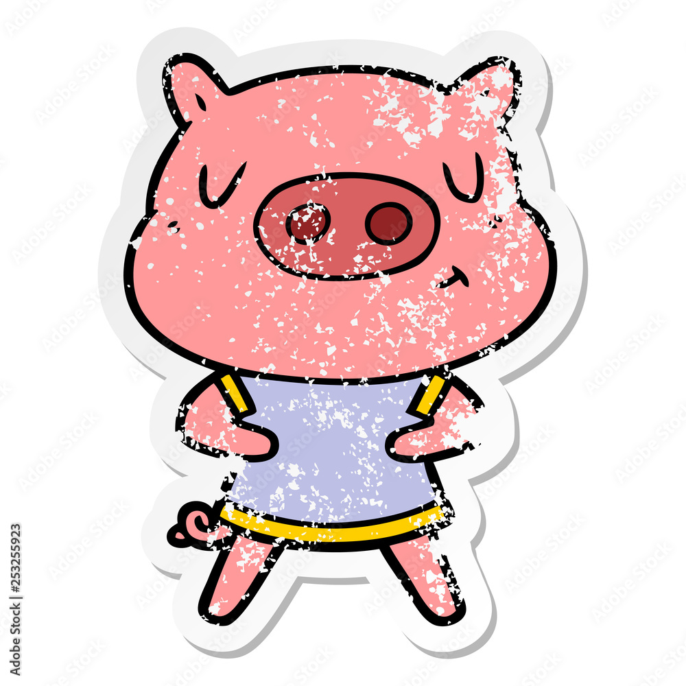 distressed sticker of a cartoon content pig wearing t shirt distressed sticker of a cartoon content pig wearing t shirt