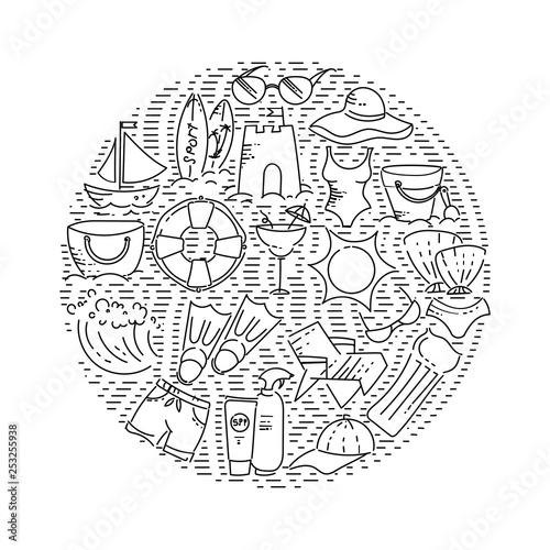 Design elements of Vacation at sea. Outline icon with elements for mobile concepts and web apps. Line and flat style icon. Vector sign.