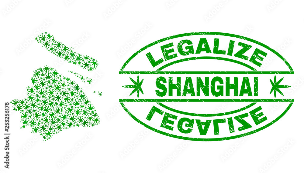 Vector marijuana Shanghai City map mosaic and grunge textured Legalize stamp seal. Concept with green weed leaves. Concept for cannabis legalize campaign.
