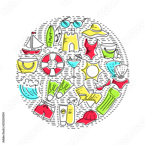 Design elements of Vacation at sea. Outline icon with elements for mobile concepts and web apps. Line and flat style icon. Vector sign