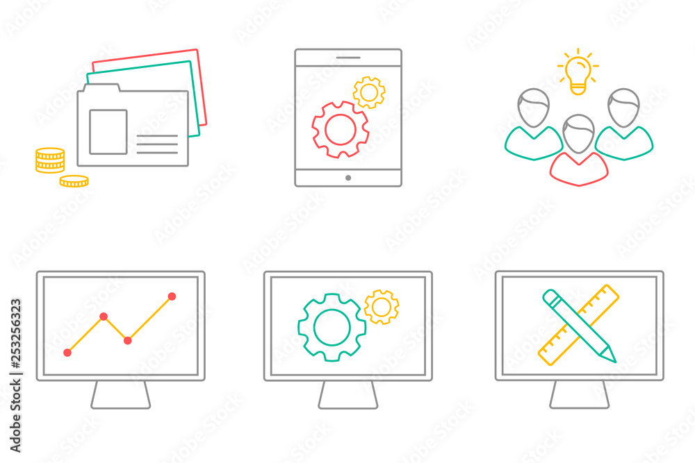 Business analytics, information technology, web design. Vector illustration of business icons in line art. Development and marketing theme. Creating of web applications. Business analytics, information technology, web design. Vector illustration of business icons in line art. Development and marketing theme. Creating of web applications.