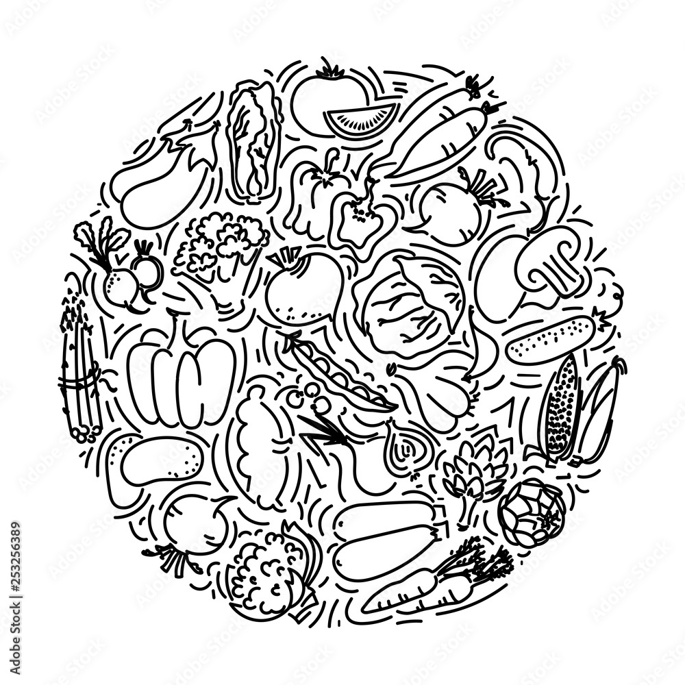 Vector image, set of vegetables, flat linear style.