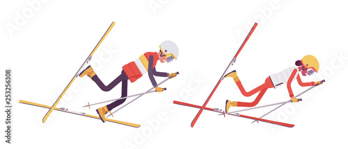 Sporty man and woman falling off in bad technique on ski resort. Wrong skiing on active holiday, wintertime tourism. Vector flat style cartoon illustration isolated on white background