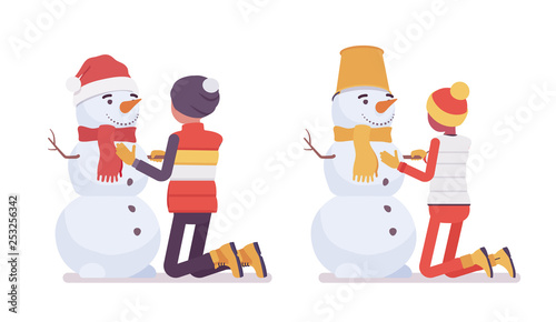 Young man and woman make a snowman, enjoy winter outdoor activities, have fun on active holiday, wintertime tourism and recreation. Vector flat style cartoon illustration isolated on white background