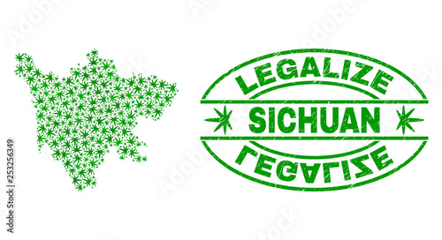 Vector cannabis Sichuan Province map mosaic and grunge textured Legalize stamp seal. Concept with green weed leaves. Concept for cannabis legalize campaign.