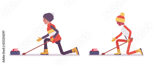 Man and woman enjoy sport, curling. Winter outdoor activities on ski resort, having active holiday, wintertime tourism, recreation. Vector flat style cartoon illustration isolated on white background