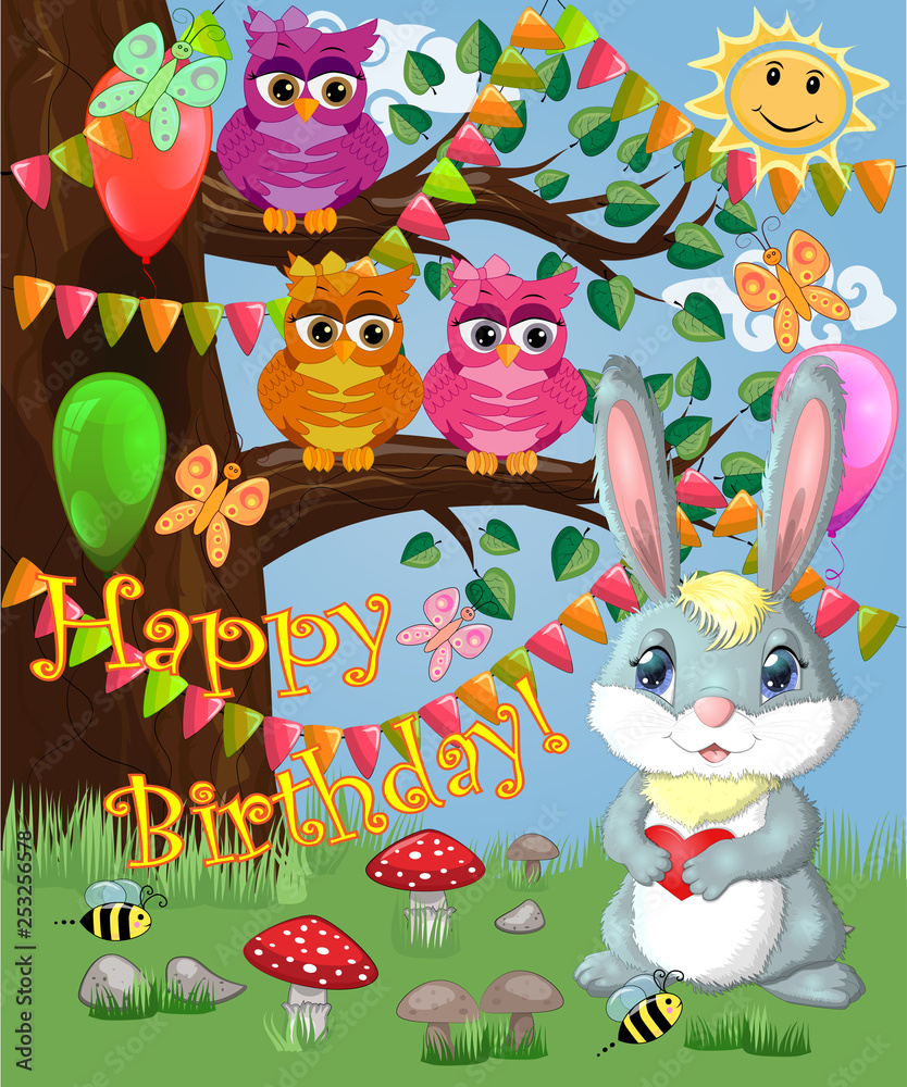 Fototapeta premium Bunny with a heart in a forest glade. Spring, postcard