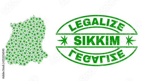 Vector cannabis Sikkim State map collage and grunge textured Legalize stamp seal. Concept with green weed leaves. Concept for cannabis legalize campaign.