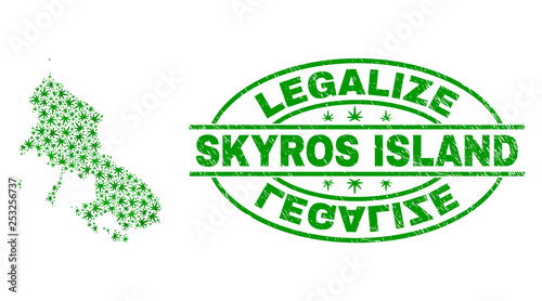 Vector marijuana Skyros Island map collage and grunge textured Legalize stamp seal. Concept with green weed leaves. Concept for cannabis legalize campaign.