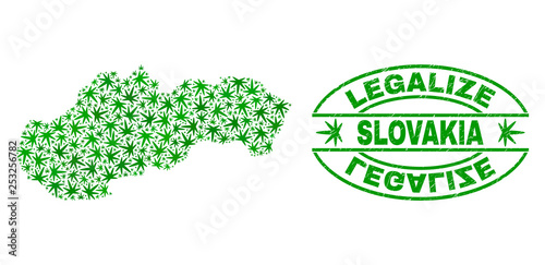 Vector cannabis Slovakia map collage and grunge textured Legalize stamp seal. Concept with green weed leaves. Concept for cannabis legalize campaign.