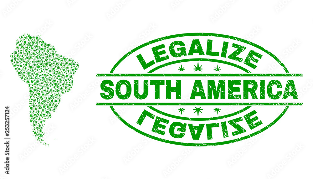 Fototapeta premium Vector marijuana South America map collage and grunge textured Legalize stamp seal. Concept with green weed leaves. Concept for cannabis legalize campaign.