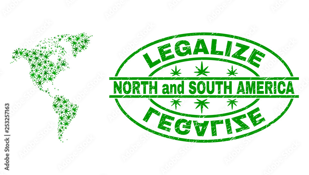 Vector cannabis South and North America map mosaic and grunge textured Legalize stamp seal. Concept with green weed leaves. Concept for cannabis legalize campaign.
