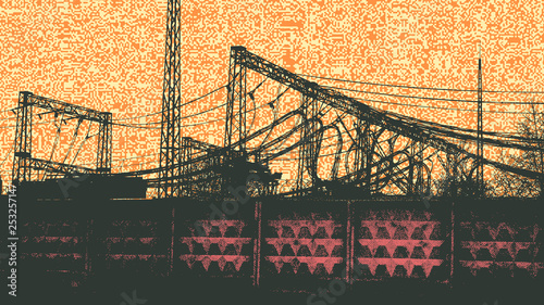 Electric power station and grunge textures. retro style. vector illustration