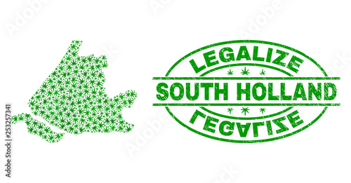Vector cannabis South Holland map mosaic and grunge textured Legalize stamp seal. Concept with green weed leaves. Concept for cannabis legalize campaign.
