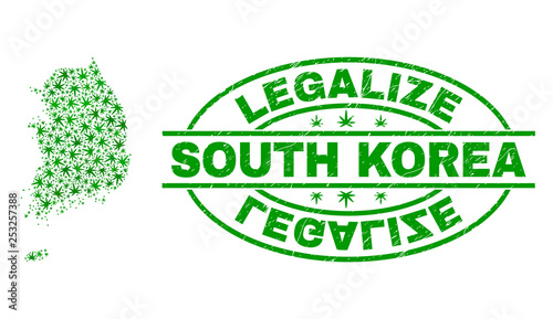 Vector cannabis South Korea map mosaic and grunge textured Legalize stamp seal. Concept with green weed leaves. Concept for cannabis legalize campaign.