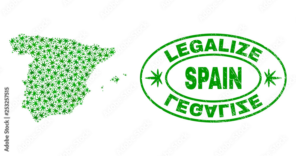 Vector cannabis Spain map mosaic and grunge textured Legalize stamp seal. Concept with green weed leaves. Concept for cannabis legalize campaign. Vector Spain map is organized with weed leaves.