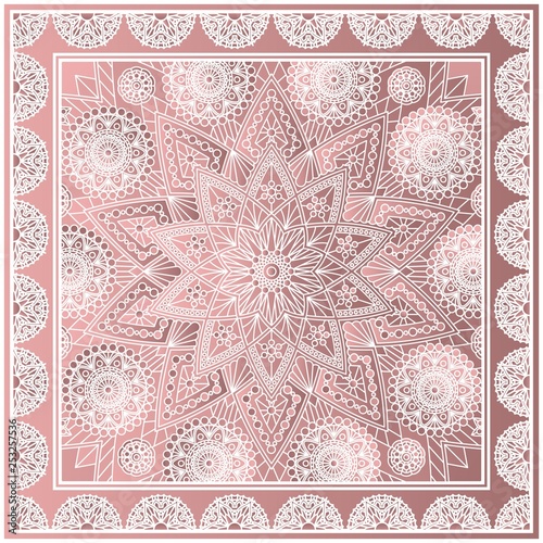 Beautiful square kerchief design with mandala pattern. Fashion print in dusty rose colors.
