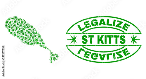 Vector cannabis St Kitts Island map collage and grunge textured Legalize stamp seal. Concept with green weed leaves. Template for cannabis legalize campaign.