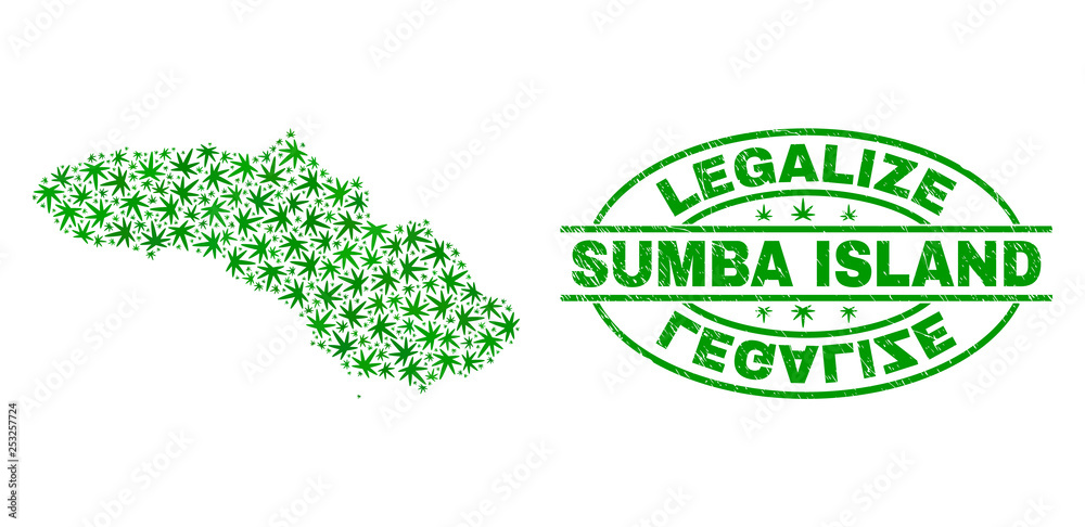 Vector cannabis Sumba Island map mosaic and grunge textured Legalize stamp seal. Concept with green weed leaves. Concept for cannabis legalize campaign.