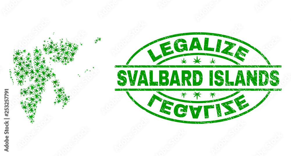 Vector cannabis Svalbard Islands map mosaic and grunge textured Legalize stamp seal. Concept with green weed leaves. Concept for cannabis legalize campaign.