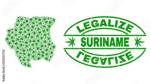 Vector cannabis Suriname map collage and grunge textured Legalize stamp seal. Concept with green weed leaves. Concept for cannabis legalize campaign. Vector Suriname map is composed from weed leaves.