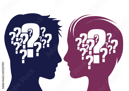 Vector illustration. Man and woman with question mark. Concept of therapy couple.