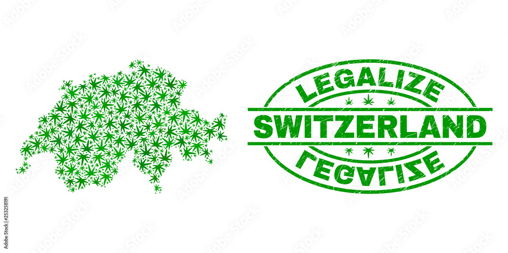 Vector cannabis Switzerland map collage and grunge textured Legalize stamp seal. Concept with green weed leaves. Concept for cannabis legalize campaign. Vector cannabis Switzerland map collage and grunge textured Legalize stamp seal. Concept with green weed leaves. Concept for cannabis legalize campaign.