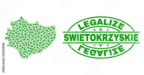 Vector cannabis Swietokrzyskie Voivodeship map mosaic and grunge textured Legalize stamp seal. Concept with green weed leaves. Concept for cannabis legalize campaign.