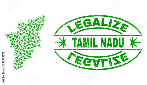 Vector cannabis Tamil Nadu State map collage and grunge textured Legalize stamp seal. Concept with green weed leaves. Concept for cannabis legalize campaign.