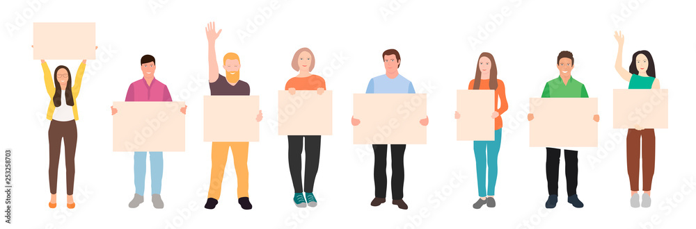 Character of smiling people holding blank banner for your text or copyspace. Diverse, multi-ethnic, flat design characters Character of smiling people holding blank banner for your text or copyspace. Diverse, multi-ethnic, flat design characters