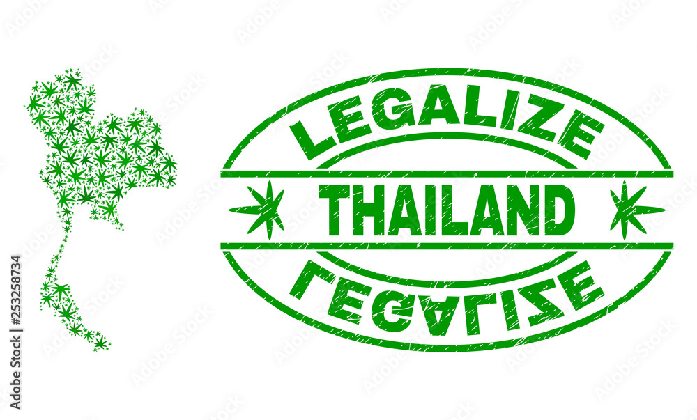 Vector cannabis Thailand map collage and grunge textured Legalize stamp seal. Concept with green weed leaves. Concept for cannabis legalize campaign.