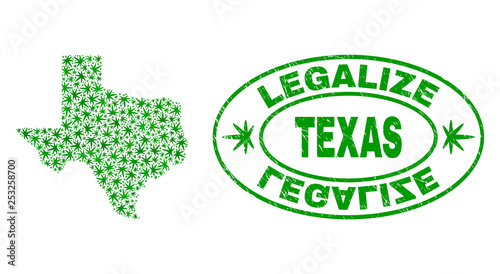 Vector cannabis Texas State map mosaic and grunge textured Legalize stamp seal. Concept with green weed leaves. Template for cannabis legalize campaign.