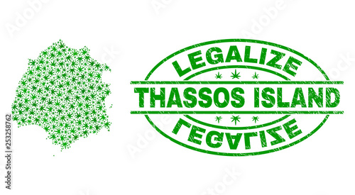 Vector cannabis Thassos Island map mosaic and grunge textured Legalize stamp seal. Concept with green weed leaves. Template for cannabis legalize campaign.