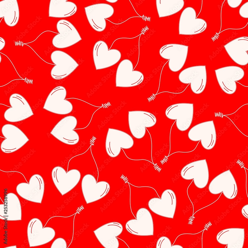 Heart shaped cherries, hand drawn vector seamless pattern. White silhouette pattern elements isolated on red background. Heart shaped cherries, hand drawn vector seamless pattern. White silhouette pattern elements isolated on red background.