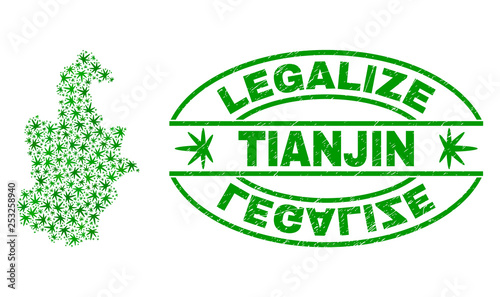 Vector cannabis Tianjin City map mosaic and grunge textured Legalize stamp seal. Concept with green weed leaves. Concept for cannabis legalize campaign.