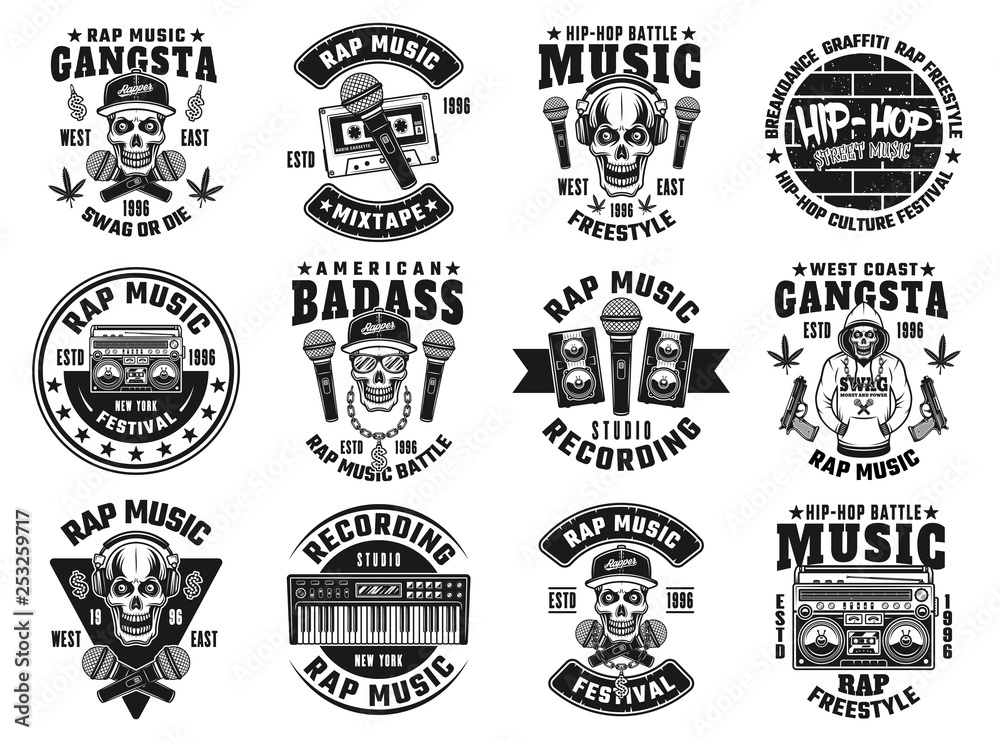 Fototapeta premium Rap and hip-hop set of twelve vector black emblems
