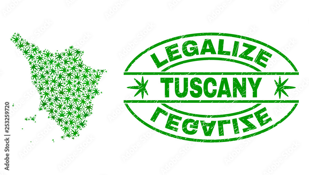 Vector cannabis Tuscany region map mosaic and grunge textured Legalize stamp seal. Concept with green weed leaves. Concept for cannabis legalize campaign.