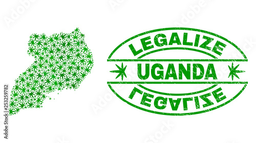 Vector cannabis Uganda map mosaic and grunge textured Legalize stamp seal. Concept with green weed leaves. Concept for cannabis legalize campaign. Vector Uganda map is formed with cannabis leaves.