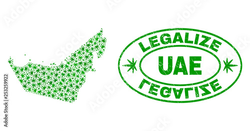 Vector cannabis United Arab Emirates map mosaic and grunge textured Legalize stamp seal. Concept with green weed leaves. Concept for cannabis legalize campaign.