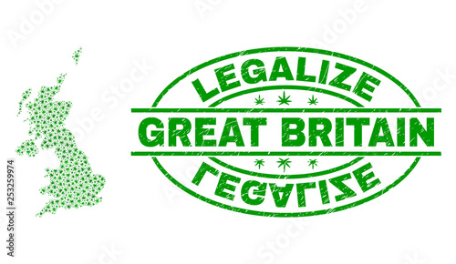 Vector marijuana United Kingdom map collage and grunge textured Legalize stamp seal. Concept with green weed leaves. Concept for cannabis legalize campaign.