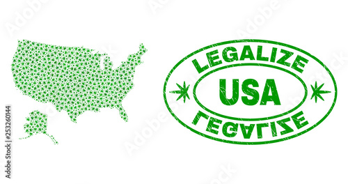 Vector cannabis USA with Alaska map collage and grunge textured Legalize stamp seal. Concept with green weed leaves. Template for cannabis legalize campaign.