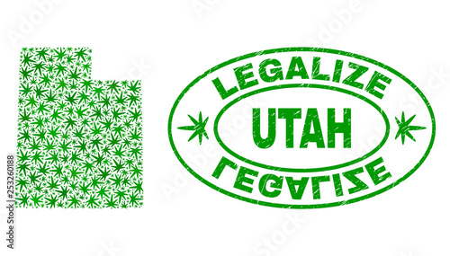 Vector marijuana Utah State map mosaic and grunge textured Legalize stamp seal. Concept with green weed leaves. Concept for cannabis legalize campaign.