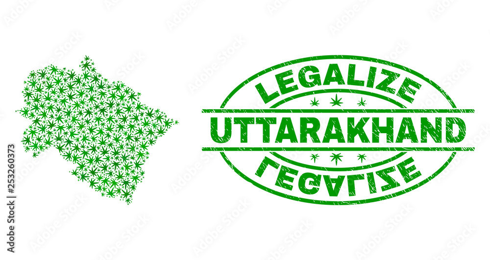 Vector cannabis Uttarakhand State map collage and grunge textured Legalize stamp seal. Concept with green weed leaves. Concept for cannabis legalize campaign.