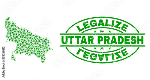 Vector cannabis Uttar Pradesh State map mosaic and grunge textured Legalize stamp seal. Concept with green weed leaves. Concept for cannabis legalize campaign.