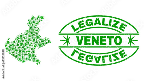 Vector cannabis Veneto region map collage and grunge textured Legalize stamp seal. Concept with green weed leaves. Concept for cannabis legalize campaign.